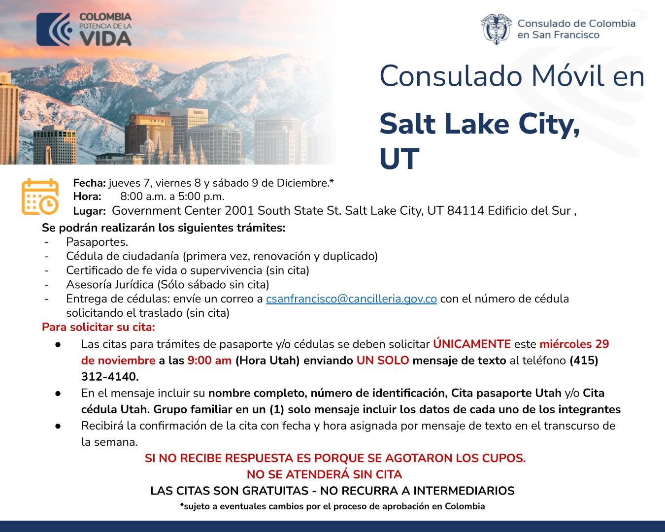 Consulado Móvil en Salt Lake del 7 al 9 de diciembre de 2023