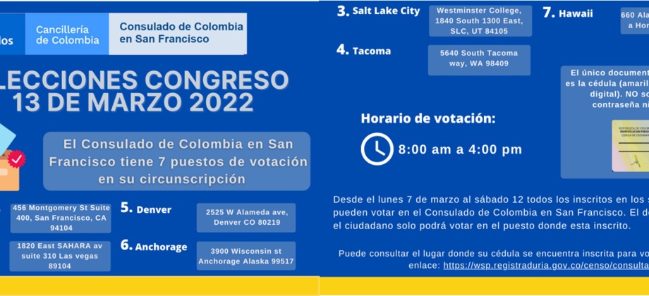 El Consulado de Colombia en San Francisco informa los puestos de votación disponibles