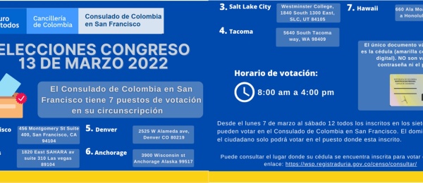El Consulado de Colombia en San Francisco informa los puestos de votación disponibles