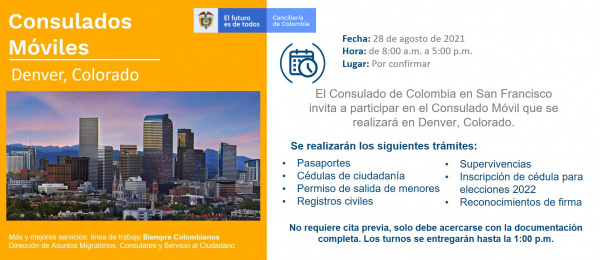 El Consulado de Colombia en San Francisco realizará una jornada de Consulado Móvil en Denver, el 28 de agosto de 2021