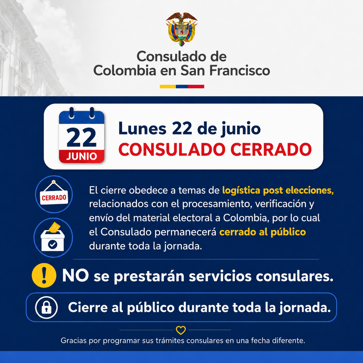 No habrá atención al público el lunes 22 de junio de 2026