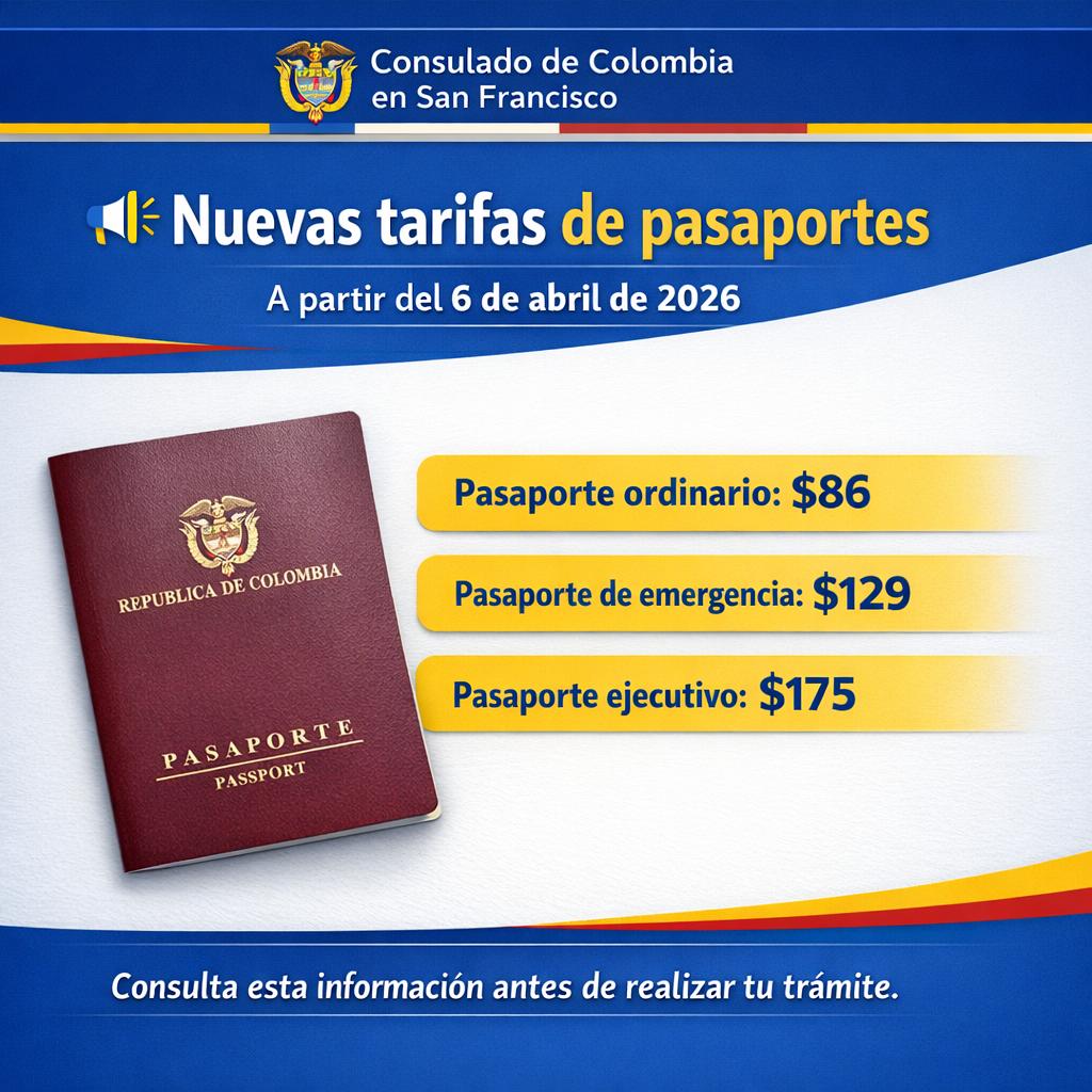 Nuevas tarifas de pasaportes en el Consulado de Colombia en San Francisco