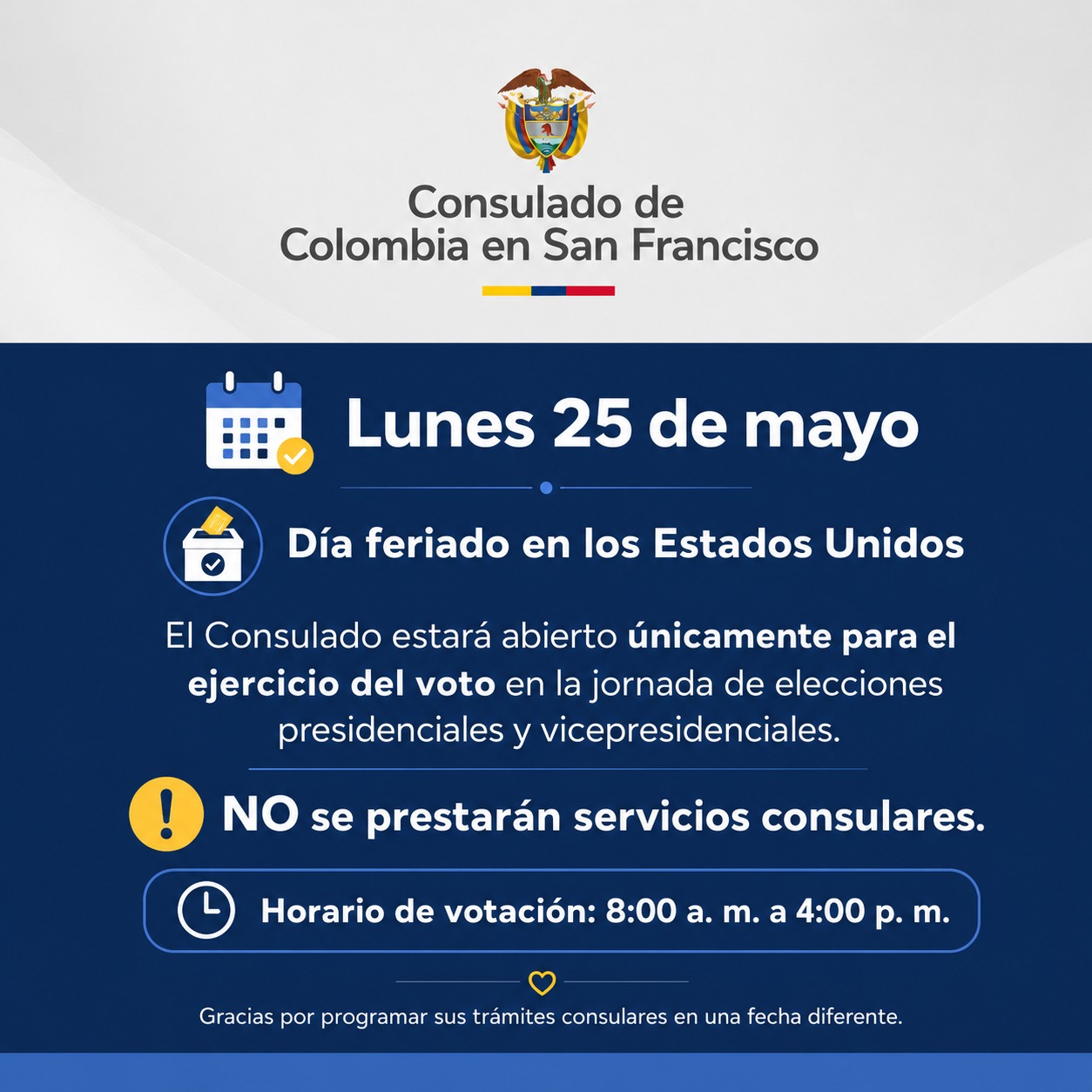 NO se realizarán trámites consulares el lunes 25 de mayo feriado en los Estados Unidos