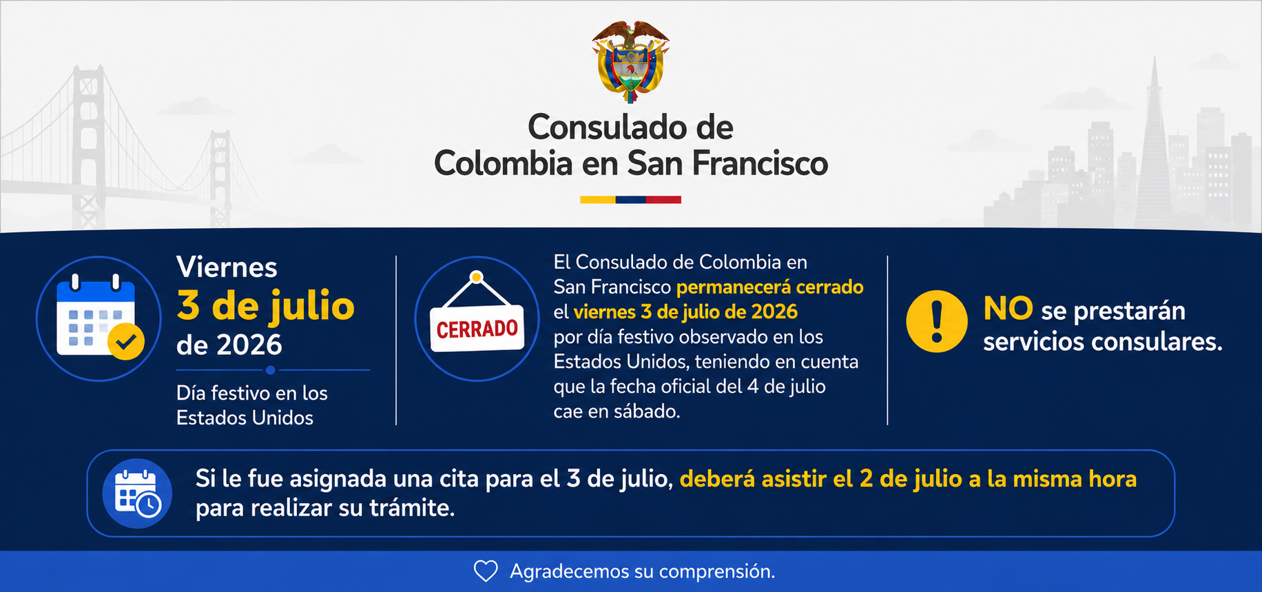 Cierre del Consulado General de Colombia en San Francisco por día festivo