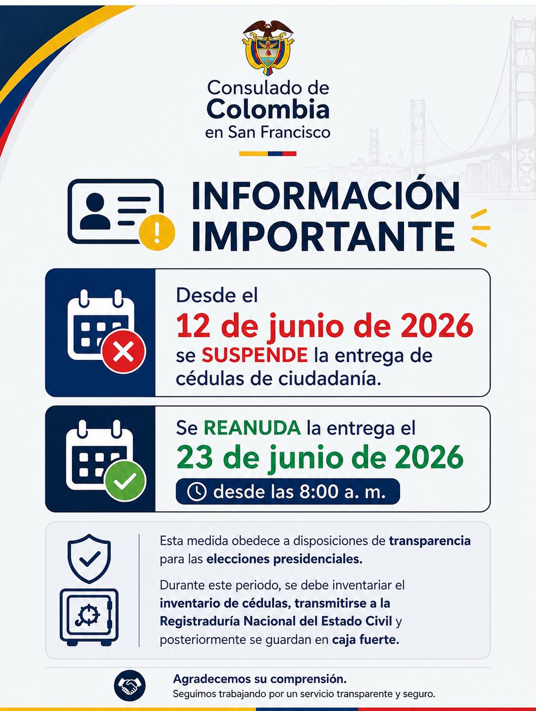 Suspensión temporal en la entrega de cédulas de ciudadanía por jornada electoral
