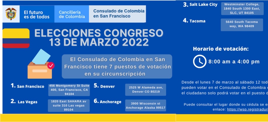 El Consulado de Colombia en San Francisco informa los puestos de votación disponibles