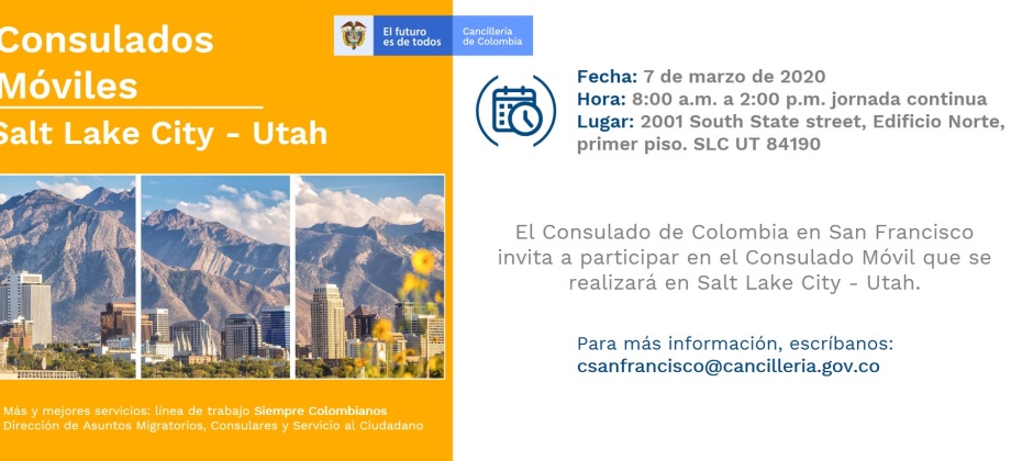Consulado en San Francisco realizara jornada móvil en Salt Lake City - Utah el 7 de marzo del 2020