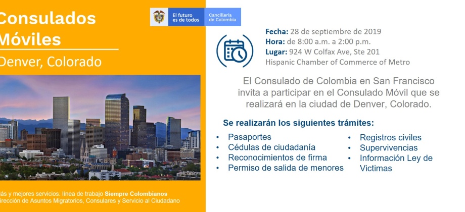 Consulado de Colombia en San Francisco realizará jornada de Consulado Móvil en Denver (Colorado) el 28 de septiembre de 2019