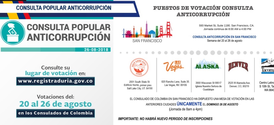 Consulado de Colombia en San Francisco publica los puestos de votación de la Consulta Popular Anticorrupción a realizarse del 20 al 26 de agosto de 2018