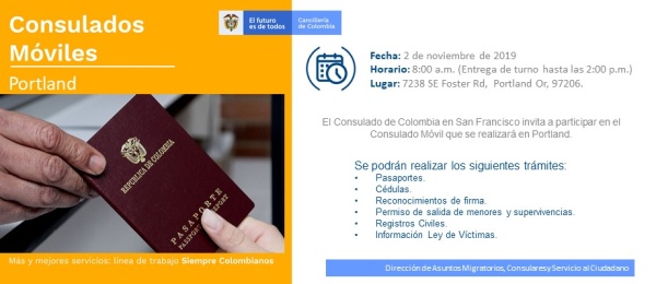 El Consulado de Colombia en San Francisco invita a la jornada de Consulado Móvil en Portland el 2 de noviembre de 2019