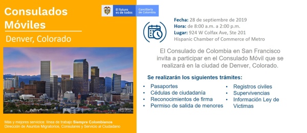 Consulado de Colombia en San Francisco realizará jornada de Consulado Móvil en Denver (Colorado) el 28 de septiembre de 2019