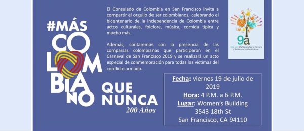 El Consulado de Colombia en San Francisco invita a la conmemoración del Bicentenario de la Independencia Nacional el próximo 19 de julio de 2019